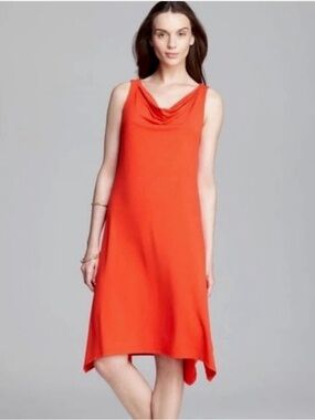 EILEEN FISHER FIREFLY Cowl Neck Knee Lenth Viscose Jersey Dress Organic Cotton L